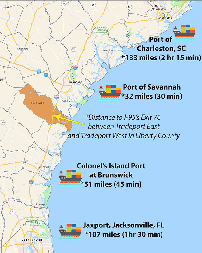 Map showing ports in area